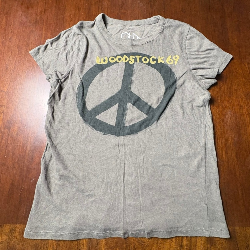 Woodstock 69 Peace Sign Women's T-Shirt Large Chaser Brand Gray Festival Tee